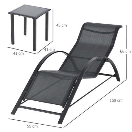 Outdoor-Lounge-Set, 2 Liegesessel & Beistelltisch, schwarzer Stoff