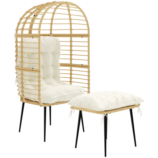 Outdoor-PE-Rattan-Eiersessel mit Hocker und Kissen, Beige