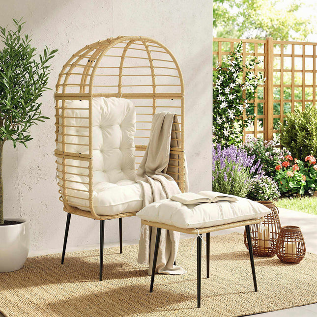 Outdoor-PE-Rattan-Eiersessel mit Hocker und Kissen, Beige