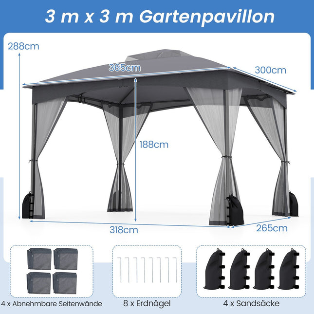 Pavillon d'extérieur 3,6 x 3 m, moustiquaire, imperméable, gris