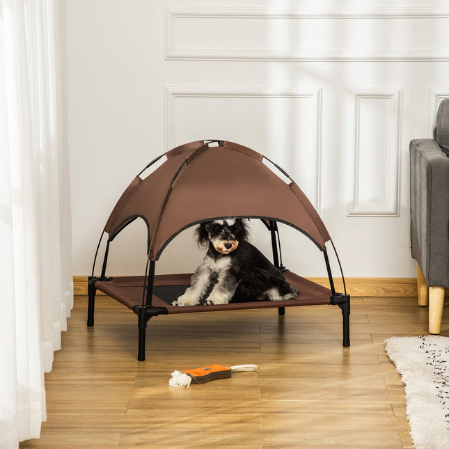 Lit D'Extérieur Pour Animal Domestique Avec Auvent Surélevé Pour Chien, Tissu Taffetas Respirant, Café, 76 X 61 X 73 Cm