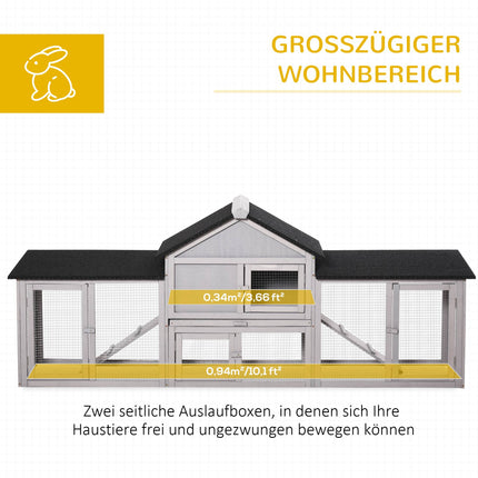 Kaninchenstall für den Außenbereich mit zwei Ausläufen, Asphalt-Dach, Tannenholz
