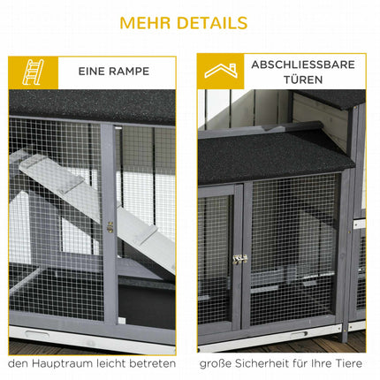 Clapier d'extérieur pour lapins avec enclos, rampe, toit en asphalte et structure en bois.