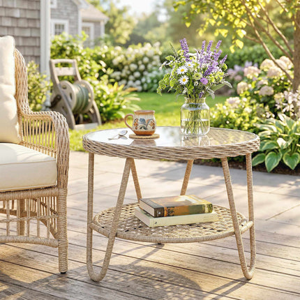 Outdoor-Rattan-Couchtisch, 2-stufig, Glasplatte, verstellbare Füße
