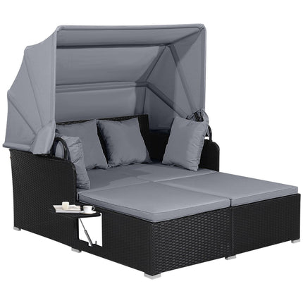 Outdoor-Rattan-Tagesbett für 2 Personen mit Verdeck und Ablagen