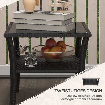 Rattan-Beistelltisch für draußen, 50x50x45cm, Glasplatte, 4 Sitzplätze