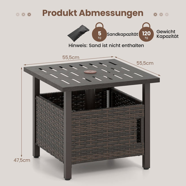 Table d'appoint d'extérieur en rotin avec trou pour parasol, résistante aux intempéries