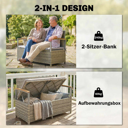 Rattan-Aufbewahrungsbank für draußen, 2-Sitzer, 170 L Fassungsvermögen