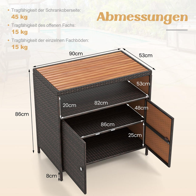 Armoire de rangement extérieure en rotin avec plateau en bois d'acacia