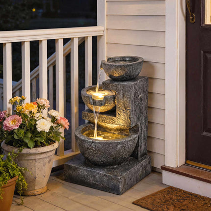 Gartenbrunnen aus Kunstharz mit verstellbaren LED-Leuchten, 3-stöckiges Design