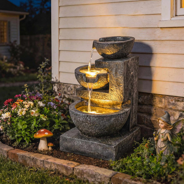 Gartenbrunnen aus Kunstharz mit verstellbaren LED-Leuchten, 3-stöckiges Design