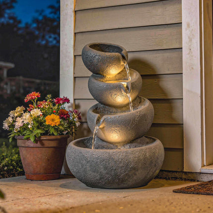 Outdoor-Harz-Springbrunnen mit LED-Beleuchtung, 4-stöckig