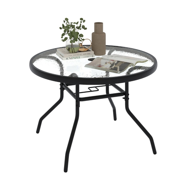 Runder Gartentisch aus Glas mit Sonnenschirmloch, 70 cm