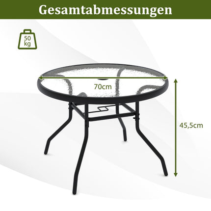 Table ronde d'extérieur en verre avec trou pour parasol, 70 cm