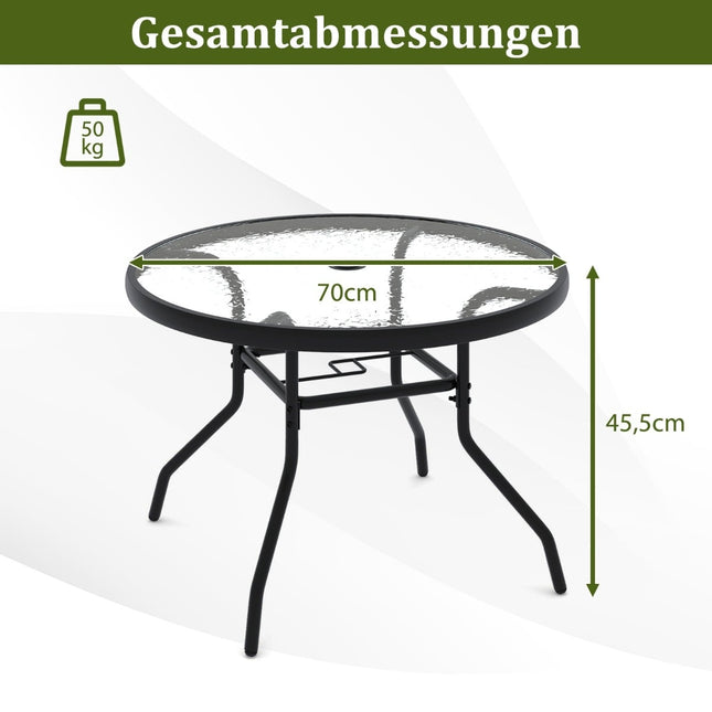 Runder Gartentisch aus Glas mit Sonnenschirmloch, 70 cm
