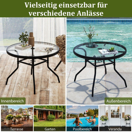 Table ronde d'extérieur en verre avec trou pour parasol, 70 cm
