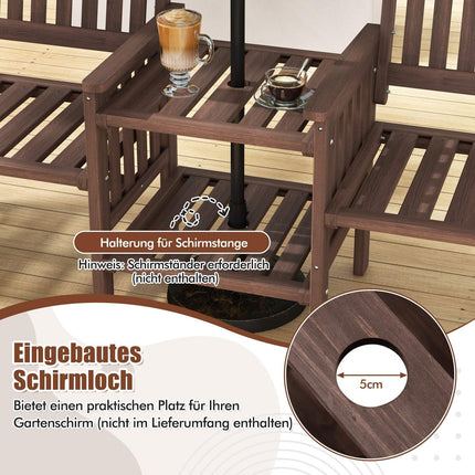 Canapé d'extérieur avec table à deux niveaux et trou pour parasol, marron