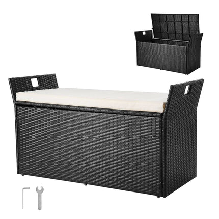 Outdoor Storage Bench, 2-Person PE Rattan, 340L Cushion