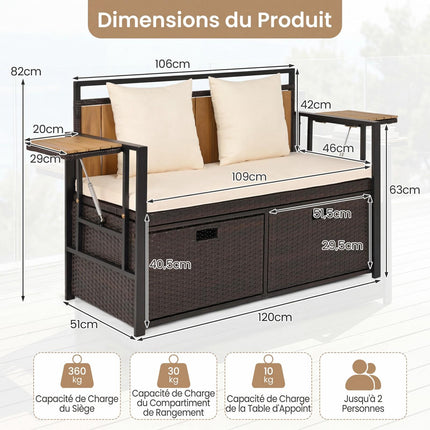 Outdoor-Sitzbank mit Stauraum, 2-Sitzer, PE-Rattan, 142,5 l