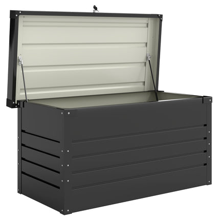 Coffre de rangement extérieur en acier, 450 L, verrouillable et étanche.