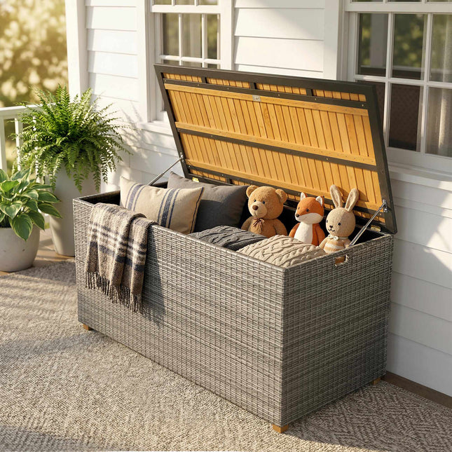 Gartentruhe 450L, wasserdichtes Rattan, Holzdeckel
