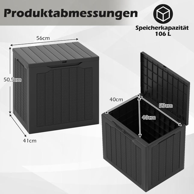 Coffre de rangement extérieur 96 L, couvercle verrouillable, aspect rotin, noir