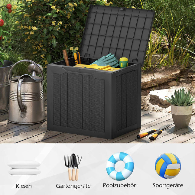 Coffre de rangement extérieur 96 L, couvercle verrouillable, aspect rotin, noir