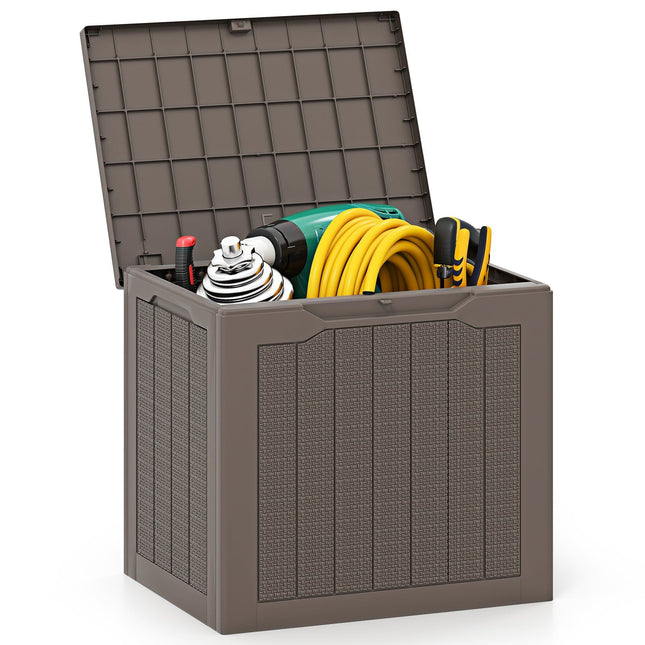 Coffre de rangement extérieur 96 L, couvercle verrouillable, aspect rotin, marron