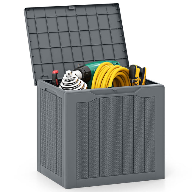 Coffre de rangement extérieur 96 L, couvercle verrouillable, aspect rotin, gris