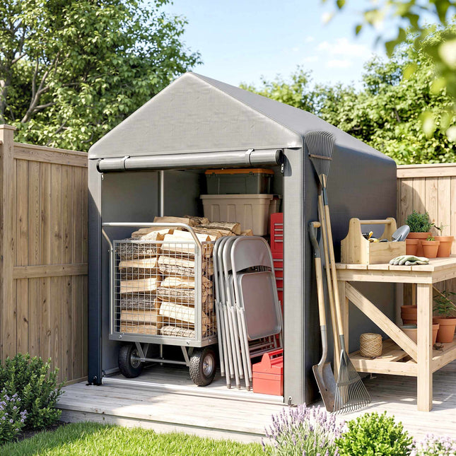 Abri de jardin avec tente et structure en acier, 120 x 179 x 165 cm, gris clair