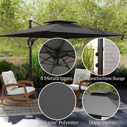 Parasol d'extérieur inclinable avec base, protection UV, gris foncé