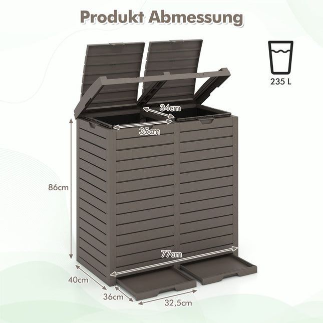 Poubelle d'extérieur, 235 L, double compartiment, résistante aux intempéries