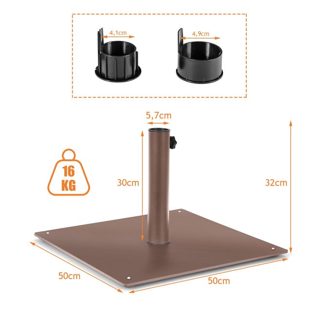 Pied de parasol d'extérieur, support carré en métal de 50 cm, marron