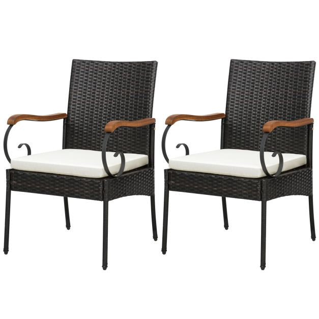 Gartensessel-Set (2-teilig) aus Polyrattan, Akazienholz-Armlehnen, inkl. Kissen