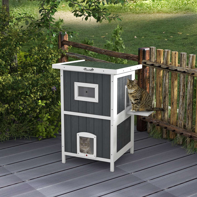 Outdoor-Holzkatzenhaus, 2-stöckig mit Balkon und Türen