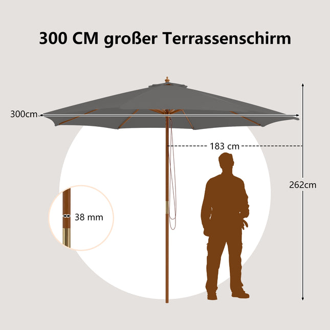 Parasol de terrasse en bois, 300 cm, hauteur réglable