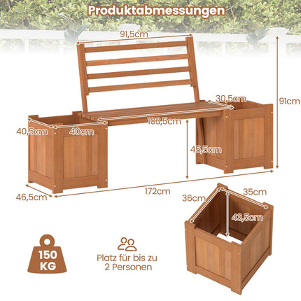 Banc jardinière d'extérieur en bois avec dossier et 2 bacs
