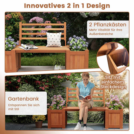 Banc jardinière d'extérieur en bois avec dossier et 2 bacs