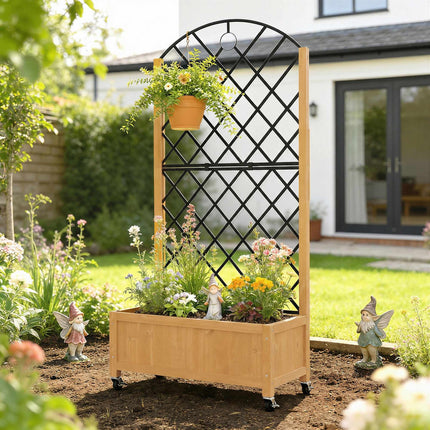 Jardinière d'extérieur en bois avec roulettes et treillis