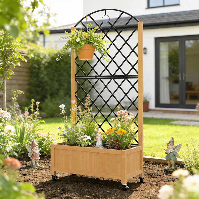Jardinière d'extérieur en bois avec roulettes et treillis