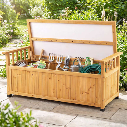 Banc de rangement extérieur en bois, 155 L, résistant à l'eau