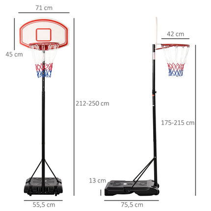 Panier de basket extérieur réglable portable panier réglable en hauteur 212-250 cm base avec roulettes poteaux métalliques noir blanc |