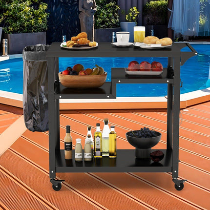 Chariot de barbecue extérieur avec trois étagères, 4 roues verrouillables, crochet et poignée latérale, noir