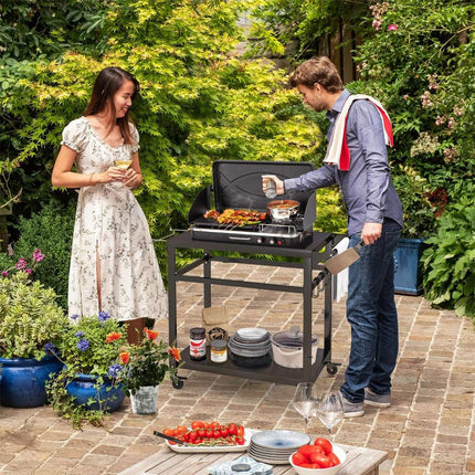 Chariot de barbecue extérieur avec deux étagères, 4 roues verrouillables et poignée latérale, noir