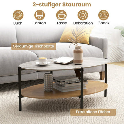 Table basse ovale, aspect marbre, structure en métal, 2 niveaux, 105 x 65 x 43 cm