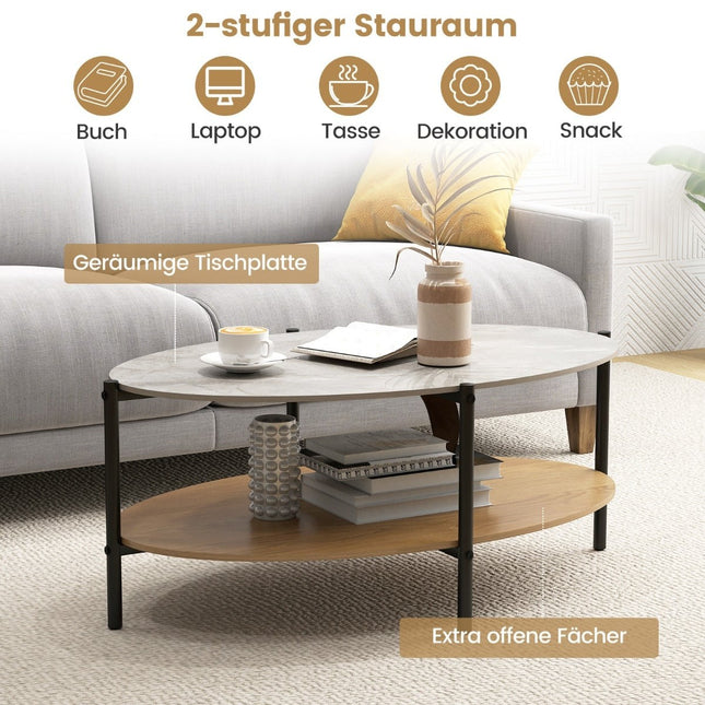 Ovaler Couchtisch, Marmoroptik, Metallgestell, 2 Ebenen, 105x65x43 cm