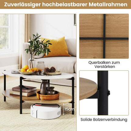 Table basse ovale, aspect marbre, structure en métal, 2 niveaux, 105 x 65 x 43 cm
