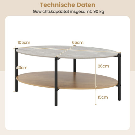 Table basse ovale, aspect marbre, structure en métal, 2 niveaux, 105 x 65 x 43 cm