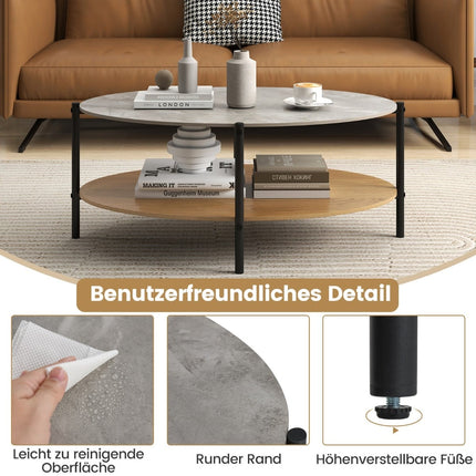 Table basse ovale, aspect marbre, structure en métal, 2 niveaux, 105 x 65 x 43 cm