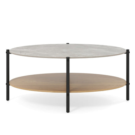 Table basse ovale, aspect marbre, structure en métal, 2 niveaux, 105 x 65 x 43 cm